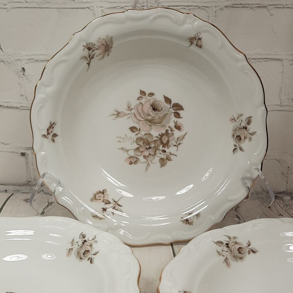 Winterling China Dawn Rose Pattern Rimmed 7.5" Soup Bowls w / Gold Trim Set of 5